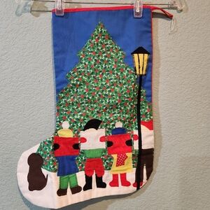 Vintage Large Christmas Stocking Folk Art Carolers Applique Village Tree Puppy